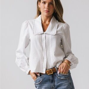 Blue and White Plaid Puff-Sleeve Button-Front Top Size Small